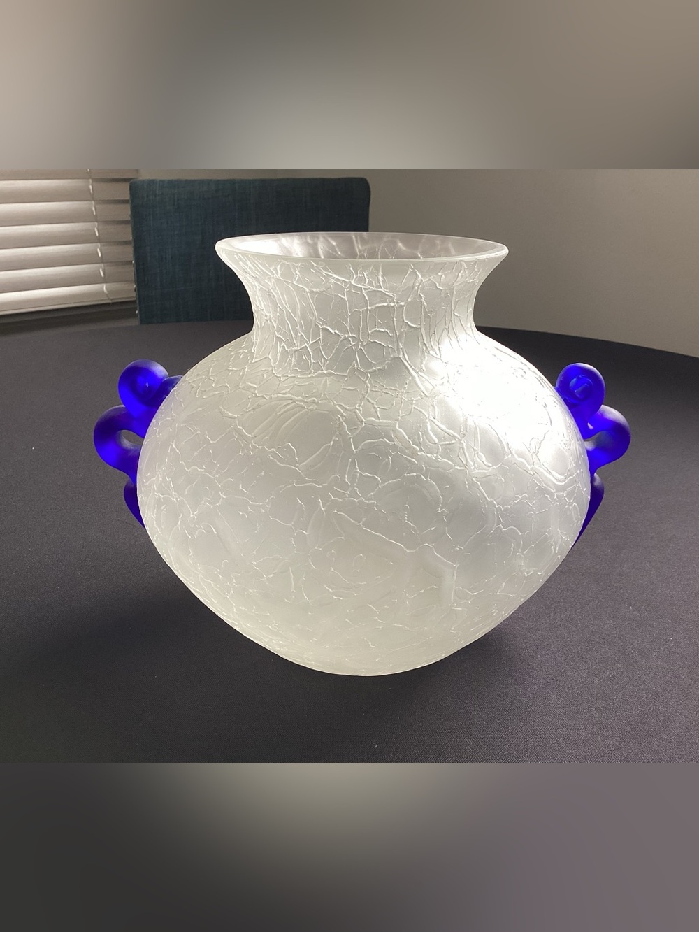 Handblown Frosted White Crackle Glass Vase with Cobalt Blue Handles.
